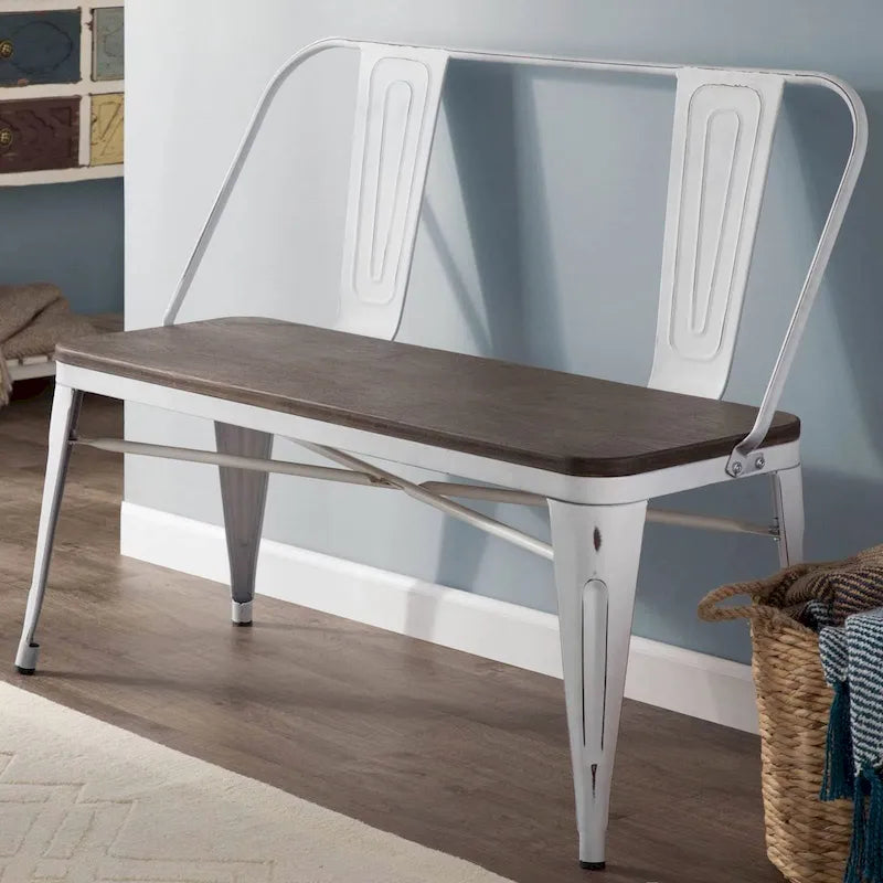 Dining Bench, Entryway Bench with Back, Farmhouse Metal Dining Bench, Industrial Mid-Century 3 Person Bench, Wood Seat