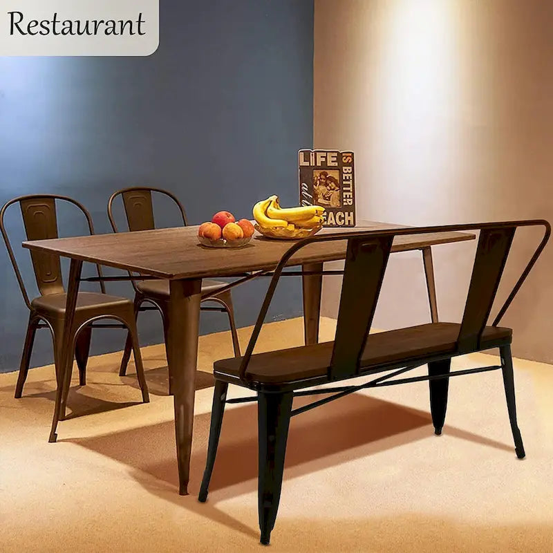 Dining Bench, Entryway Bench with Back, Farmhouse Metal Dining Bench, Industrial Mid-Century 3 Person Bench, Wood Seat