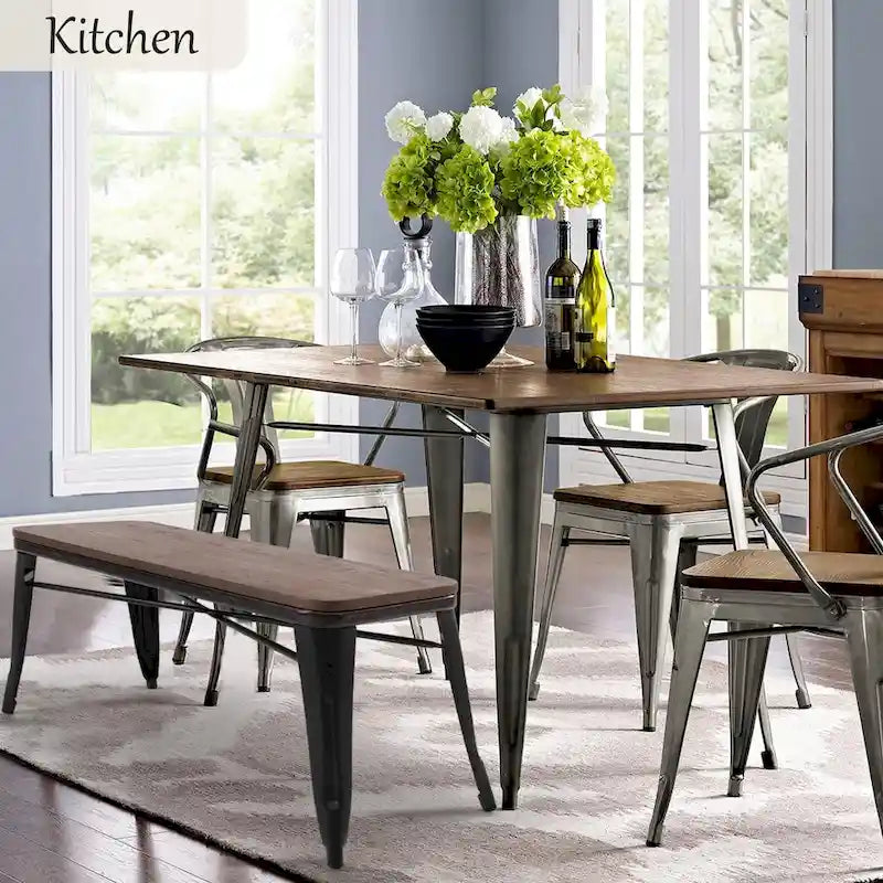 Dining Bench, Entryway Bench with Back, Farmhouse Metal Dining Bench, Industrial Mid-Century 3 Person Bench, Wood Seat
