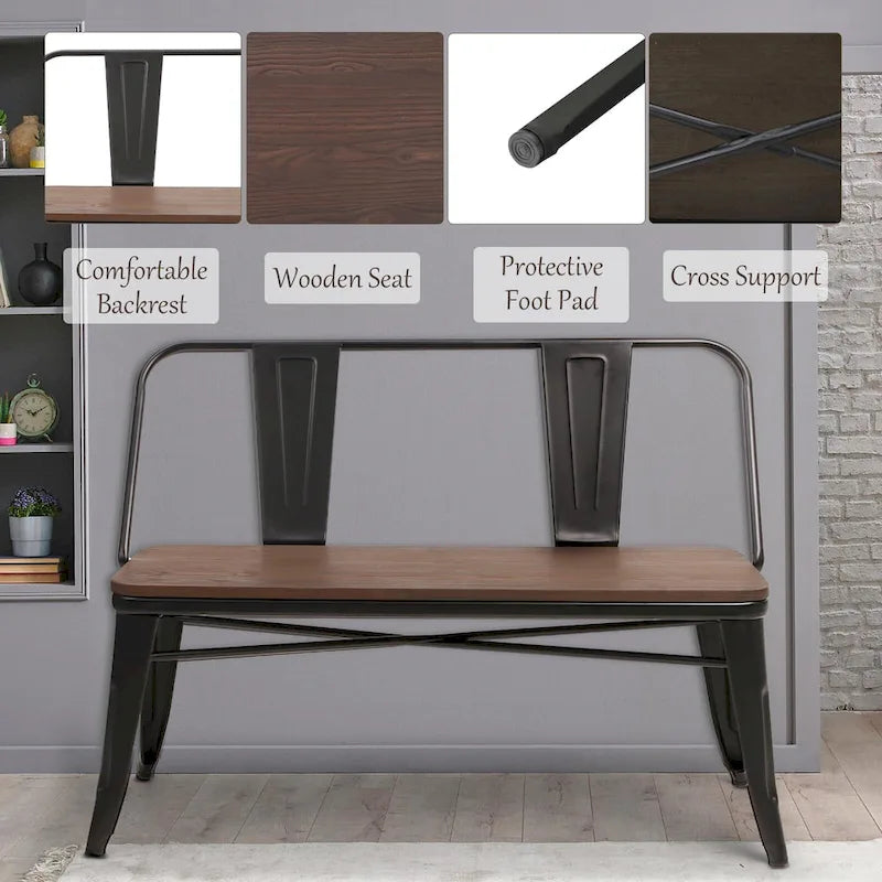Jídelní lavice, lavice do předsíně s opěradlem, kovová jídelní lavice ve venkovském stylu, průmyslová lavice v mid-century stylu pro 3 osoby, dřevěný sedák