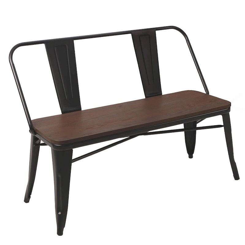 Jídelní lavice, lavice do předsíně s opěradlem, kovová jídelní lavice ve venkovském stylu, průmyslová lavice v mid-century stylu pro 3 osoby, dřevěný sedák