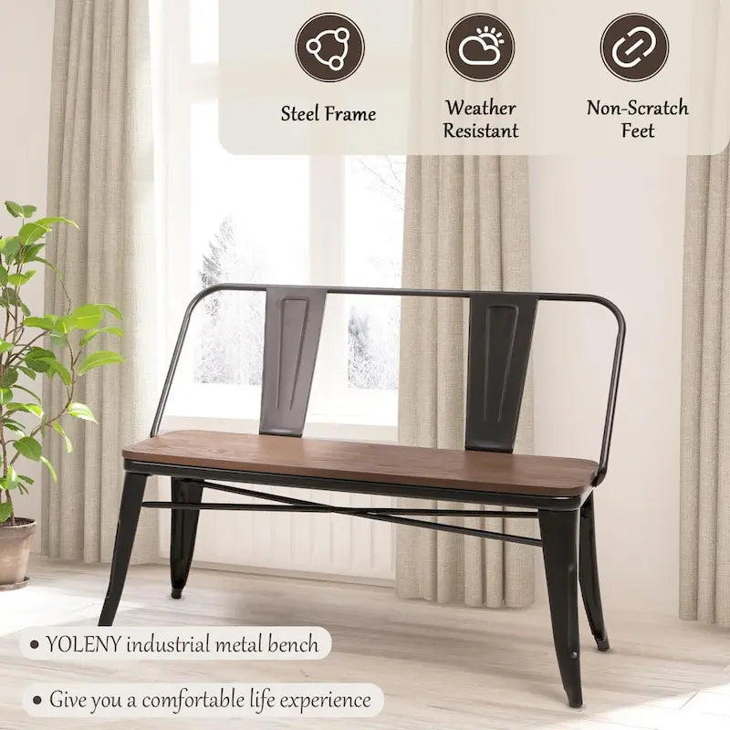 Jídelní lavice, lavice do předsíně s opěradlem, kovová jídelní lavice ve venkovském stylu, průmyslová lavice v mid-century stylu pro 3 osoby, dřevěný sedák
