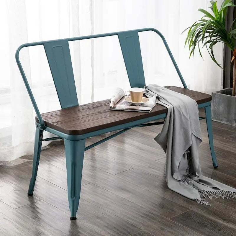 Jídelní lavice, lavice do předsíně s opěradlem, kovová jídelní lavice ve venkovském stylu, průmyslová lavice v mid-century stylu pro 3 osoby, dřevěný sedák