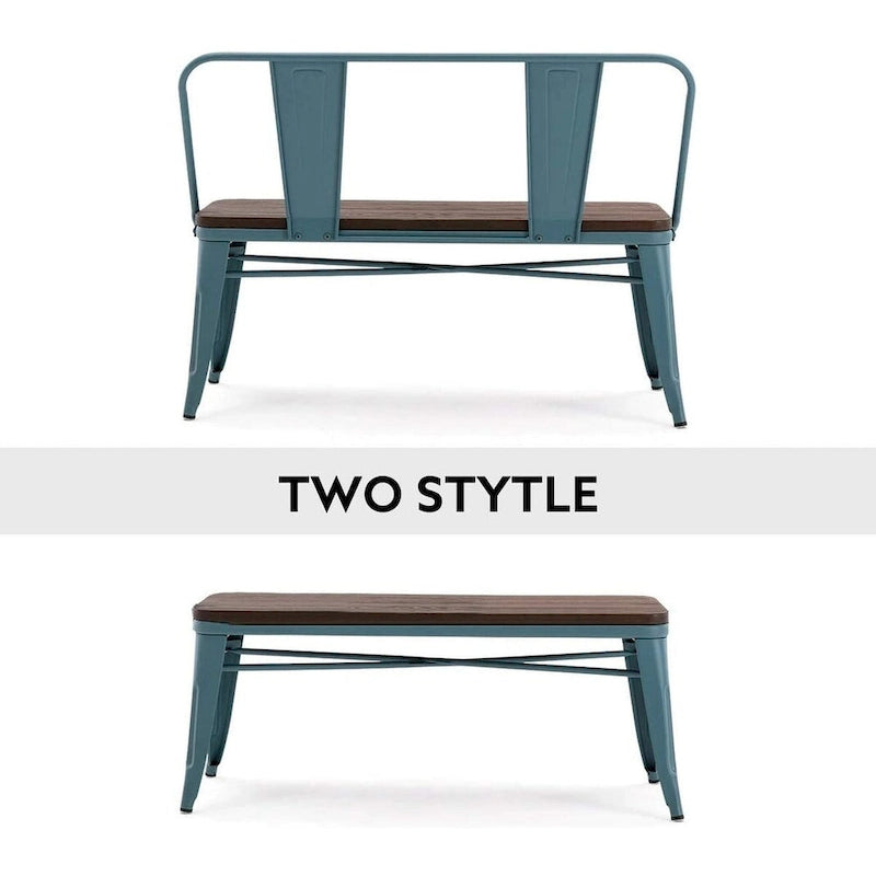 Jídelní lavice, lavice do předsíně s opěradlem, kovová jídelní lavice ve venkovském stylu, průmyslová lavice v mid-century stylu pro 3 osoby, dřevěný sedák