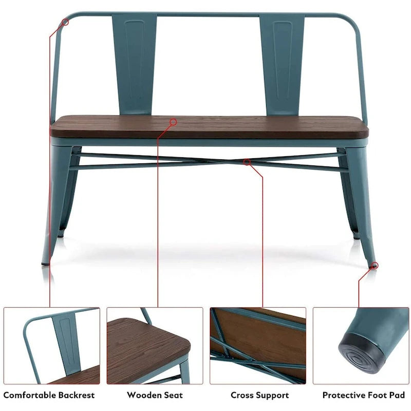 Jídelní lavice, lavice do předsíně s opěradlem, kovová jídelní lavice ve venkovském stylu, průmyslová lavice v mid-century stylu pro 3 osoby, dřevěný sedák