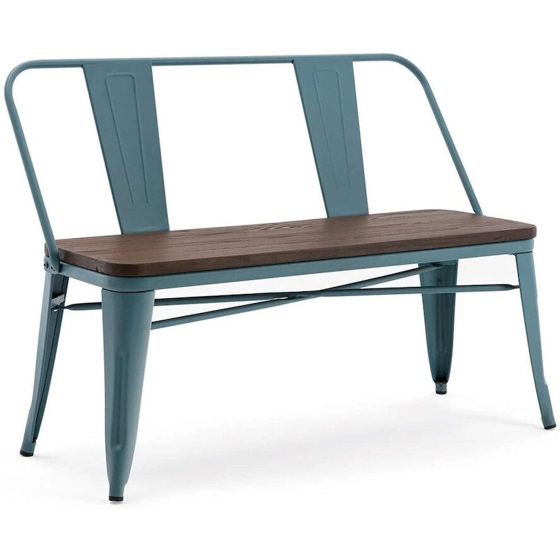 Jídelní lavice, lavice do předsíně s opěradlem, kovová jídelní lavice ve venkovském stylu, průmyslová lavice v mid-century stylu pro 3 osoby, dřevěný sedák