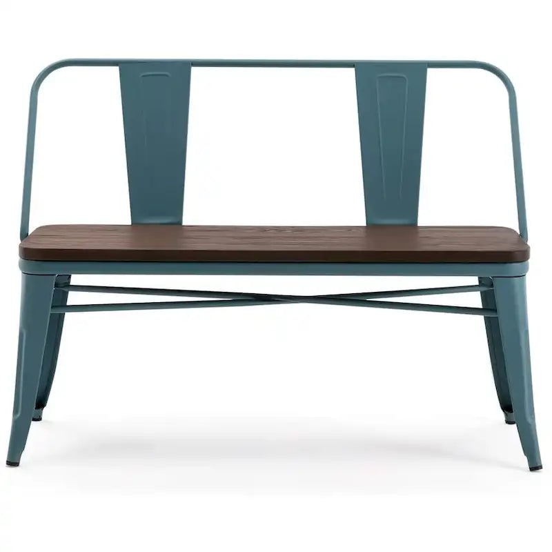 Jídelní lavice, lavice do předsíně s opěradlem, kovová jídelní lavice ve venkovském stylu, průmyslová lavice v mid-century stylu pro 3 osoby, dřevěný sedák