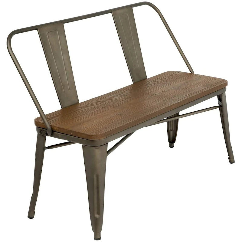 Jídelní lavice, lavice do předsíně s opěradlem, kovová jídelní lavice ve venkovském stylu, průmyslová lavice v mid-century stylu pro 3 osoby, dřevěný sedák