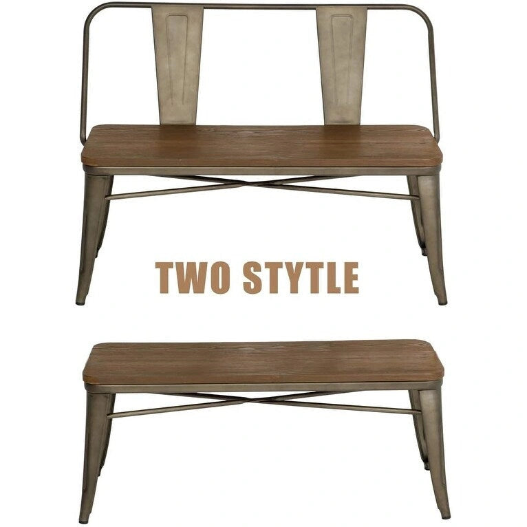 Jídelní lavice, lavice do předsíně s opěradlem, kovová jídelní lavice ve venkovském stylu, průmyslová lavice v mid-century stylu pro 3 osoby, dřevěný sedák