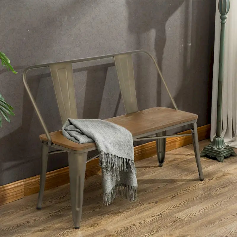 Jídelní lavice, lavice do předsíně s opěradlem, kovová jídelní lavice ve venkovském stylu, průmyslová lavice v mid-century stylu pro 3 osoby, dřevěný sedák