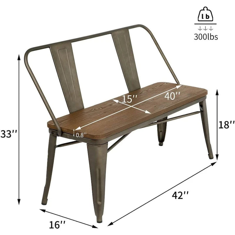Jídelní lavice, lavice do předsíně s opěradlem, kovová jídelní lavice ve venkovském stylu, průmyslová lavice v mid-century stylu pro 3 osoby, dřevěný sedák