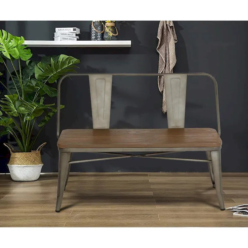 Jídelní lavice, lavice do předsíně s opěradlem, kovová jídelní lavice ve venkovském stylu, průmyslová lavice v mid-century stylu pro 3 osoby, dřevěný sedák