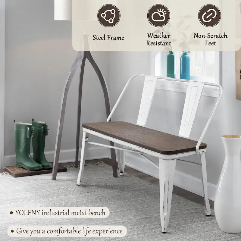 Jídelní lavice, lavice do předsíně s opěradlem, kovová jídelní lavice ve venkovském stylu, průmyslová lavice v mid-century stylu pro 3 osoby, dřevěný sedák