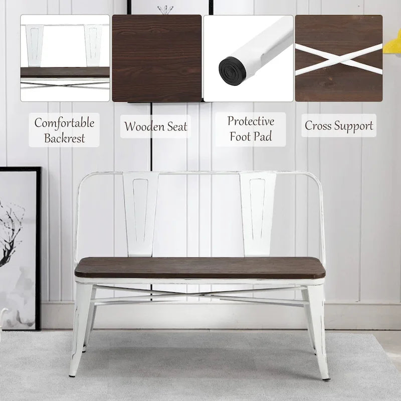 Jídelní lavice, lavice do předsíně s opěradlem, kovová jídelní lavice ve venkovském stylu, průmyslová lavice v mid-century stylu pro 3 osoby, dřevěný sedák