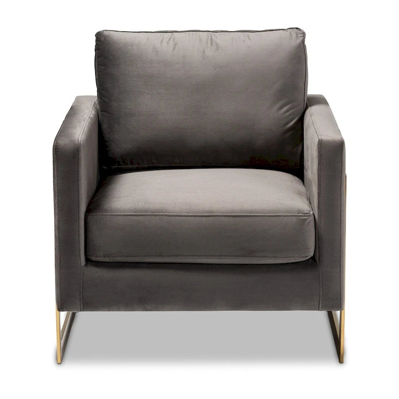 Poltrona de tecido de veludo glamoroso com estrutura em aço inoxidável e acabamento dourado