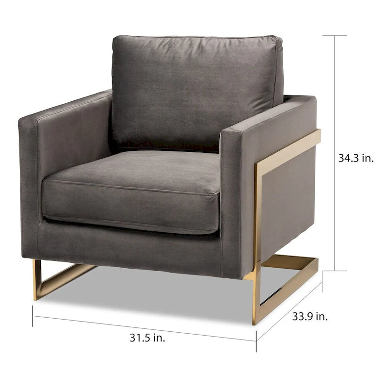 Poltrona de tecido de veludo glamoroso com estrutura em aço inoxidável e acabamento dourado