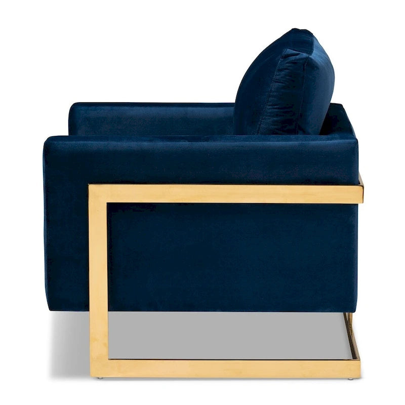 Poltrona de tecido de veludo glamoroso com estrutura em aço inoxidável e acabamento dourado