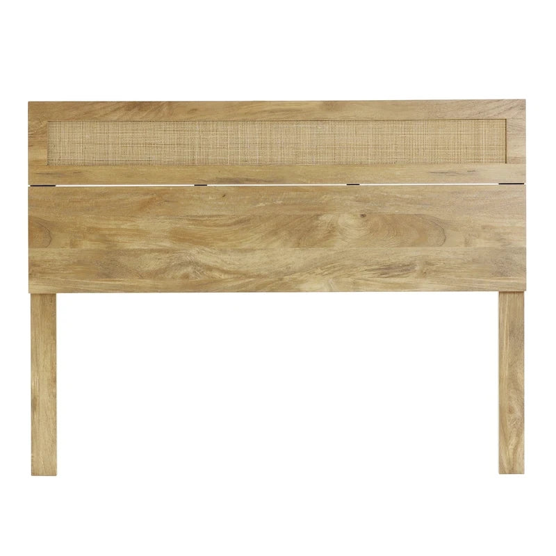 Oak Finish Manufactured Wood with Natural Rattan Top Headboard, King or Queen