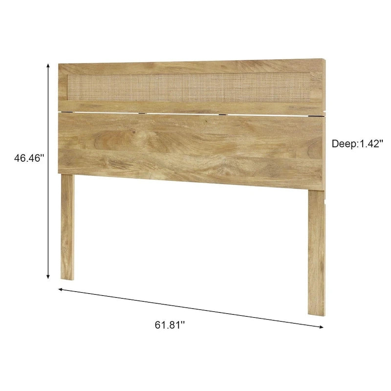 Oak Finish Manufactured Wood with Natural Rattan Top Headboard, King or Queen