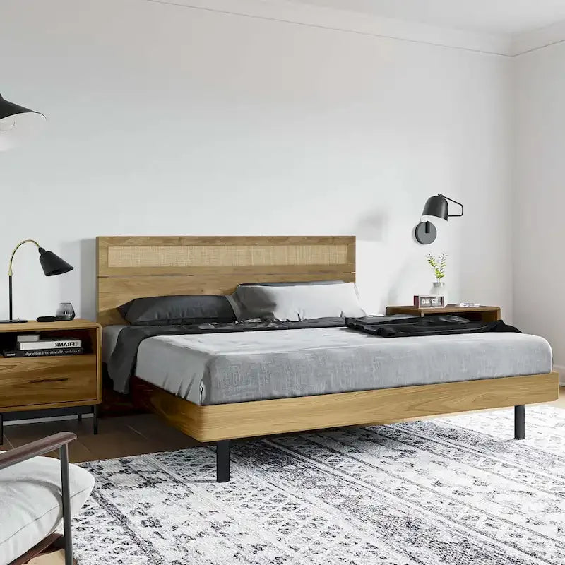 Holzwerkstoff in Eichenoptik mit Kopfteil aus natürlichem Rattan, für King- oder Queen-Size