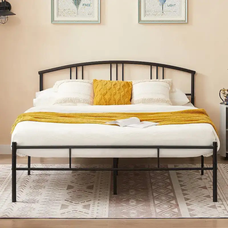Modern Metal Bed Frames with Curved Headboard, No Box Spring Needed, Black
