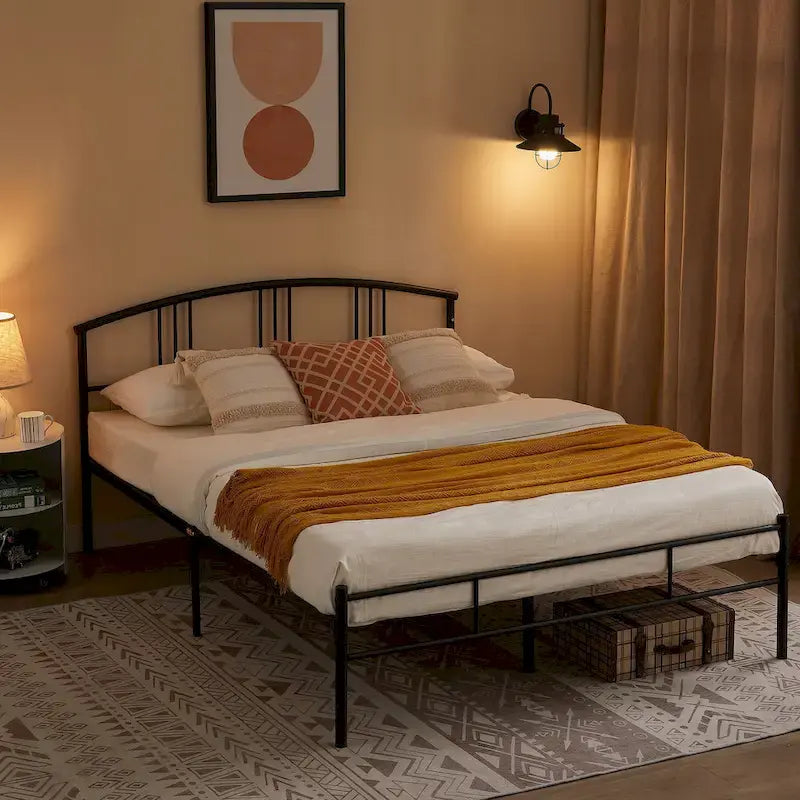 Modern Metal Bed Frames with Curved Headboard, No Box Spring Needed, Black