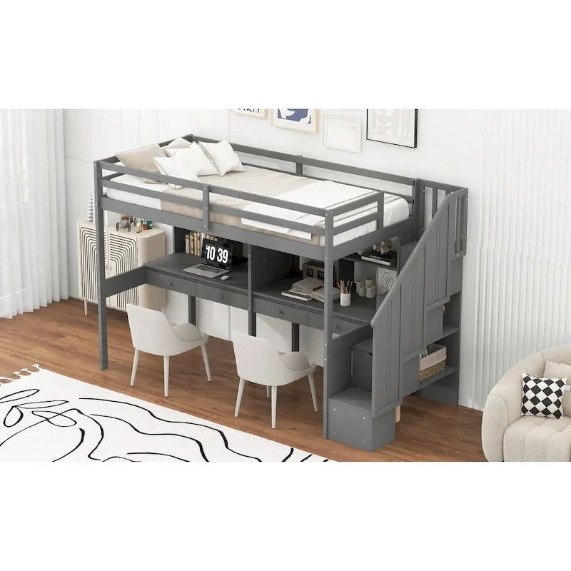 Twin Size Loft Bed Frame with Storage Staircase and Double Desks and Shelves,Gray