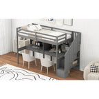 Twin Size Loft Bed Frame with Storage Staircase and Double Desks and Shelves,Gray