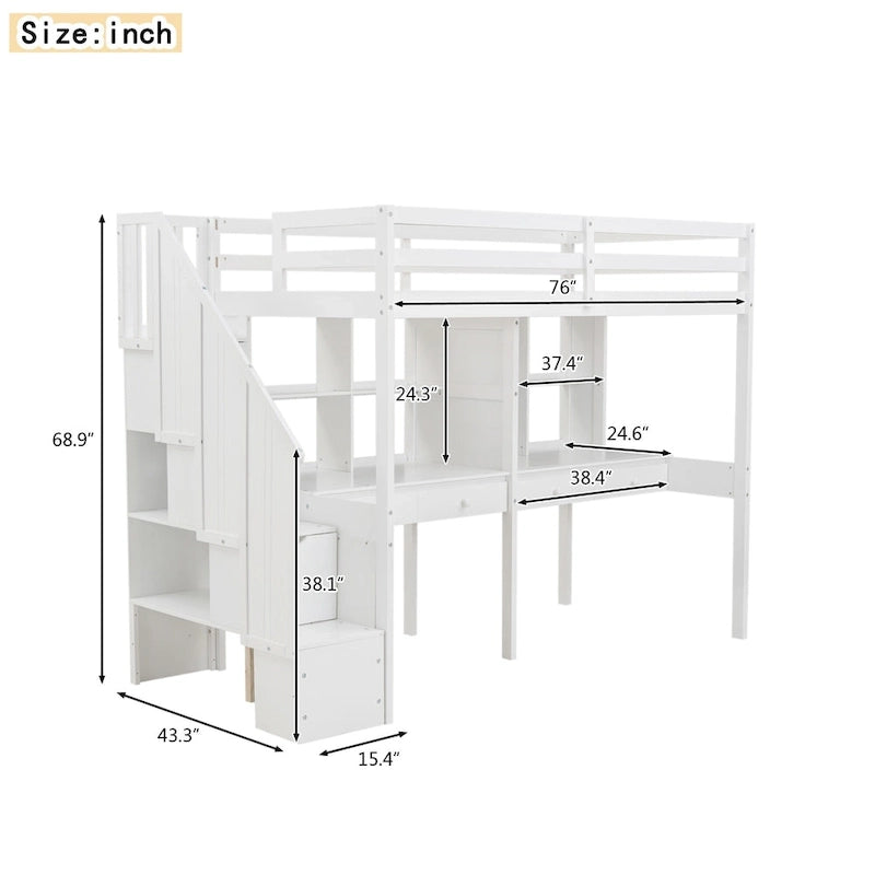 Twin Size Loft Bed Frame with Storage Staircase and Double Desks and Shelves,Gray