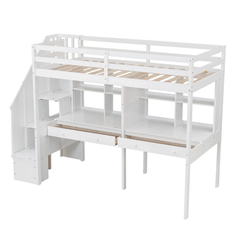 Twin Size Loft Bed Frame with Storage Staircase and Double Desks and Shelves,Gray