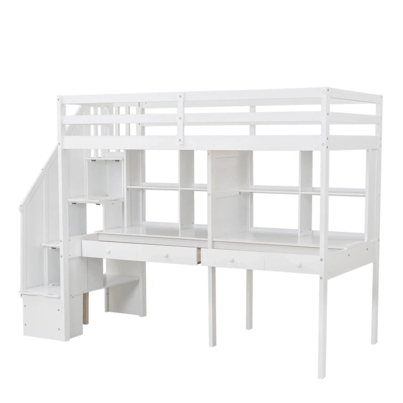 Twin Size Loft Bed Frame with Storage Staircase and Double Desks and Shelves,Gray