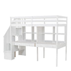 Twin Size Loft Bed Frame with Storage Staircase and Double Desks and Shelves,Gray