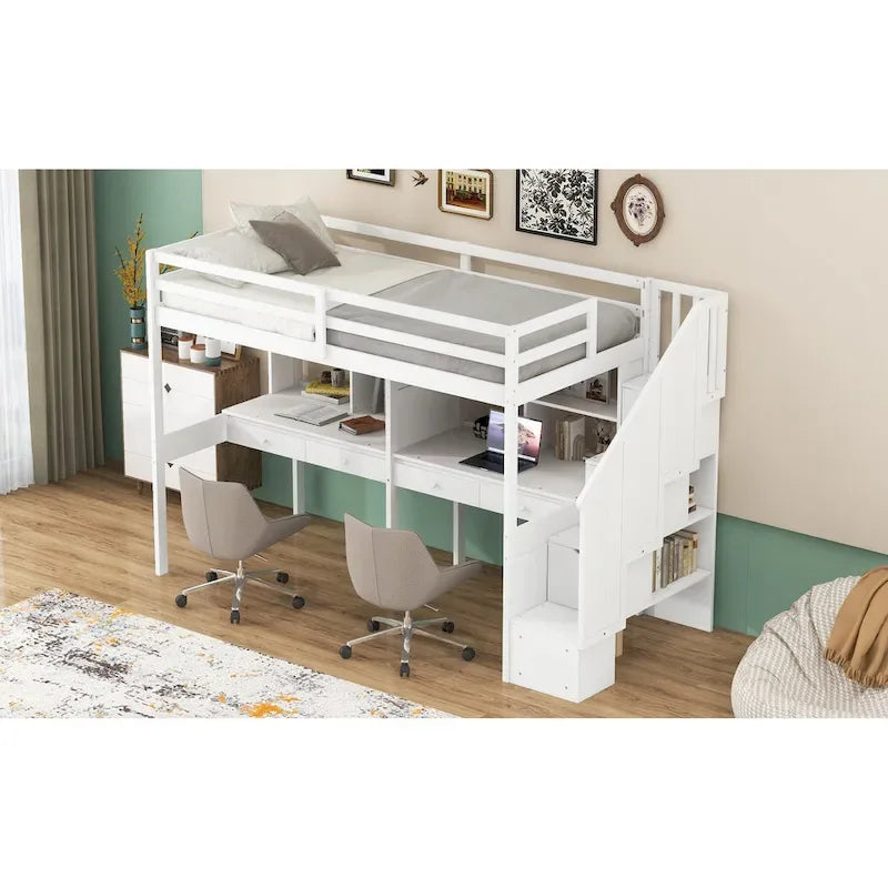 Twin Size Loft Bed Frame with Storage Staircase and Double Desks and Shelves,Gray