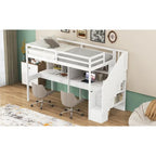 Twin Size Loft Bed Frame with Storage Staircase and Double Desks and Shelves,Gray