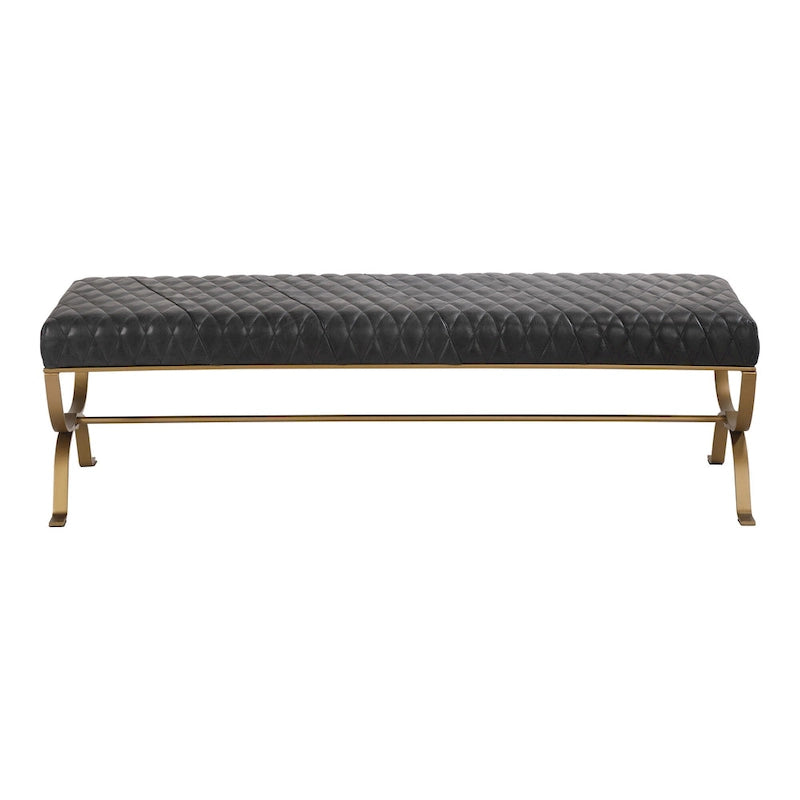 Modern Leather and Brass Iron Bench