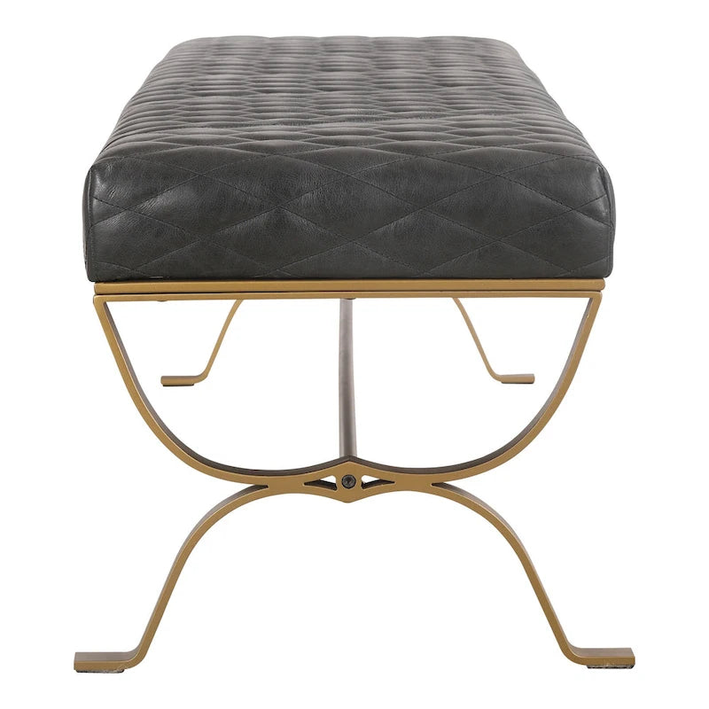 Modern Leather and Brass Iron Bench