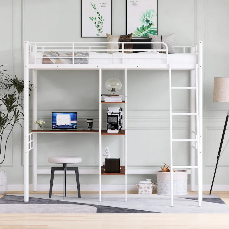 Twin Metal Loft Bed with Built-In Desk and Storage Shelves