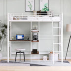 Twin Metal Loft Bed with Built-In Desk and Storage Shelves
