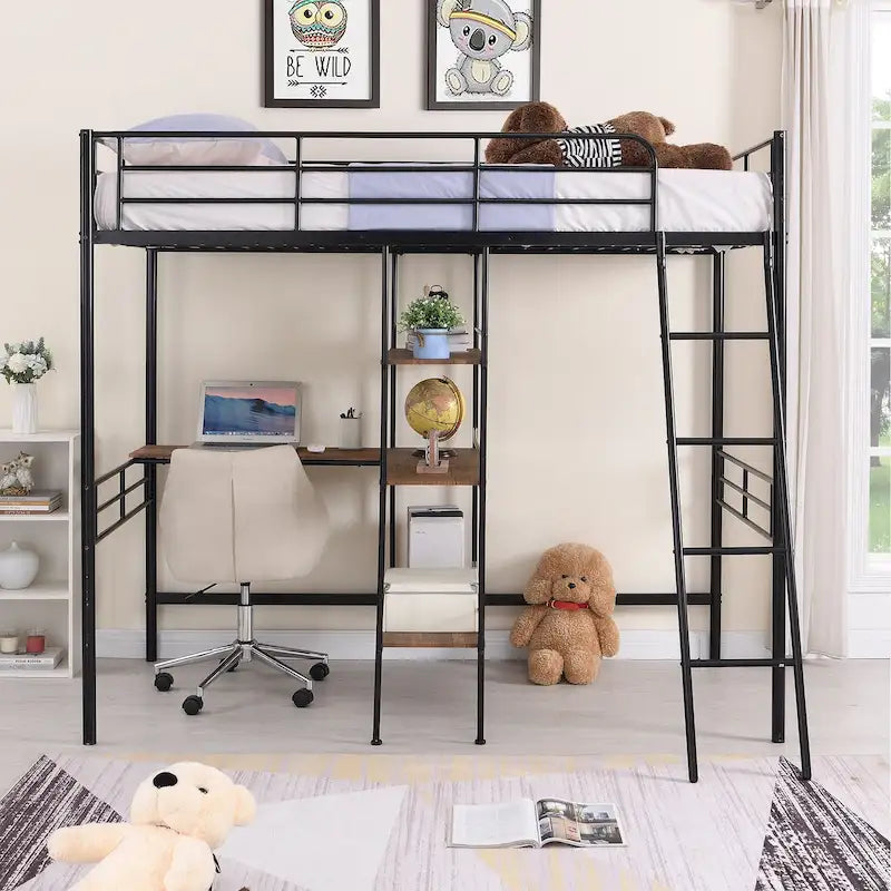 Twin Metal Loft Bed with Built-In Desk and Storage Shelves