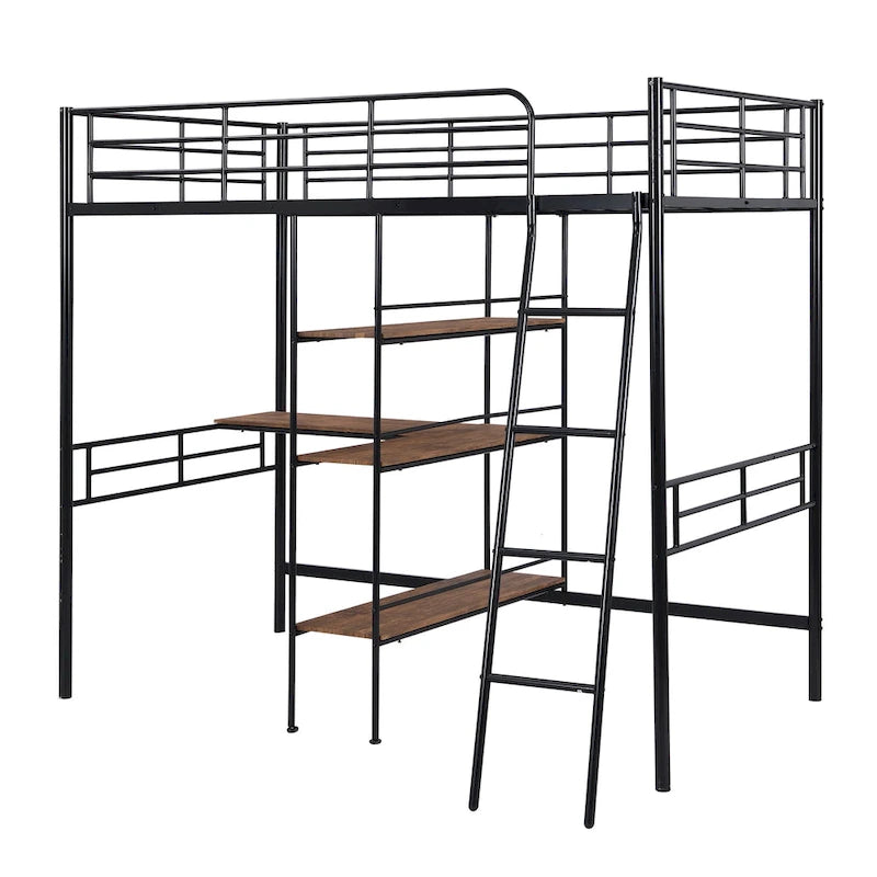 Twin Metal Loft Bed with Built-In Desk and Storage Shelves