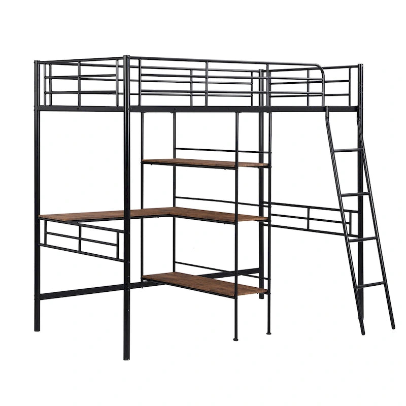 Twin Metal Loft Bed with Built-In Desk and Storage Shelves