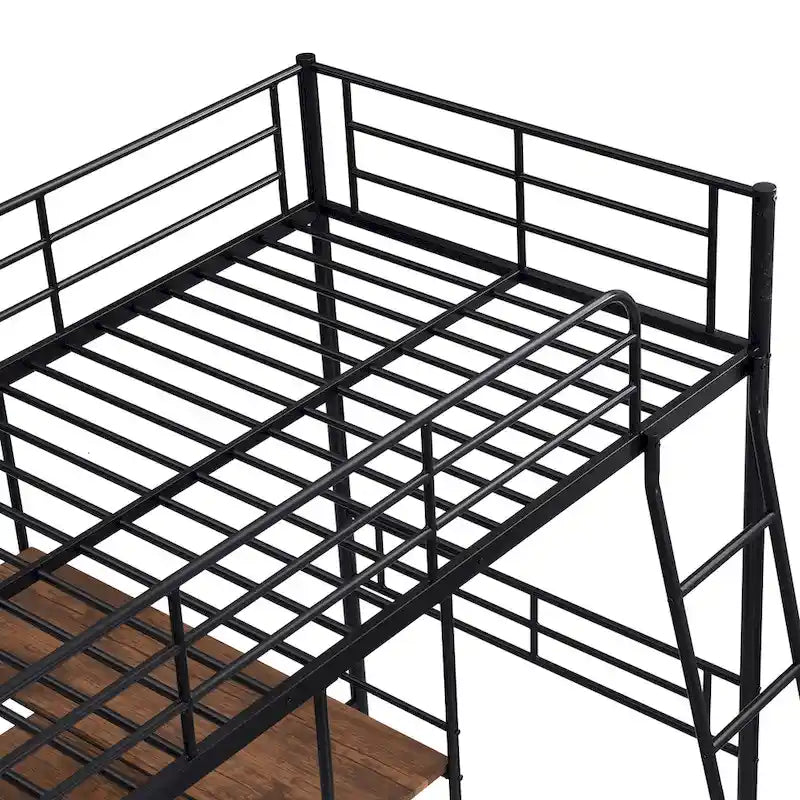 Twin Metal Loft Bed with Built-In Desk and Storage Shelves