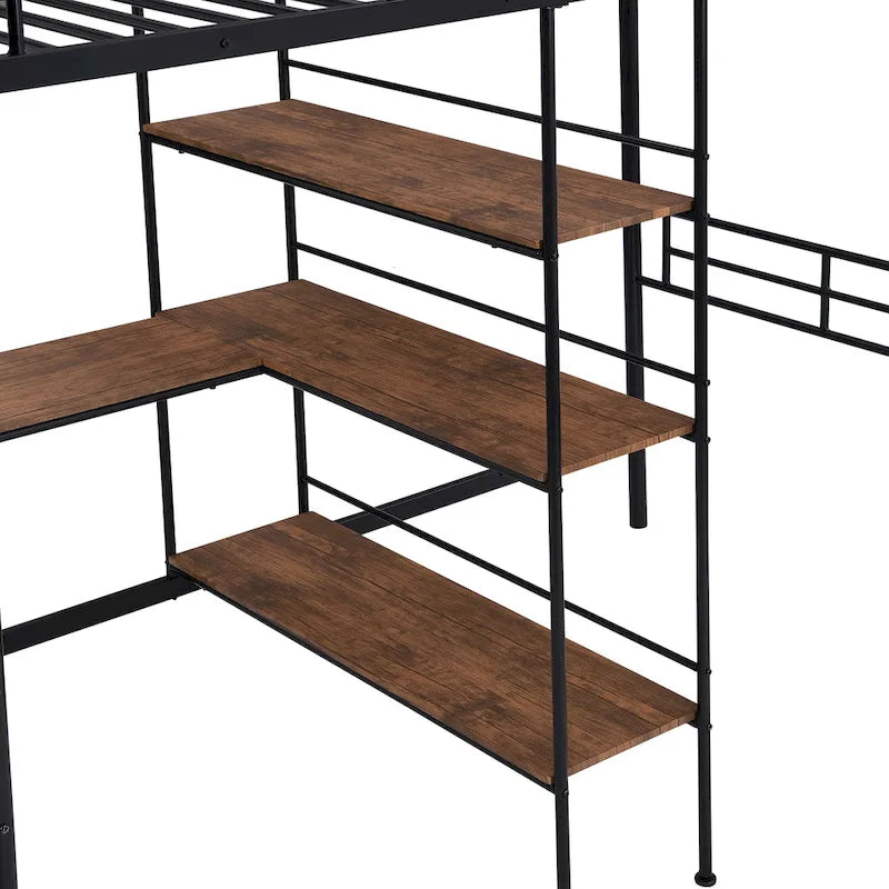 Twin Metal Loft Bed with Built-In Desk and Storage Shelves