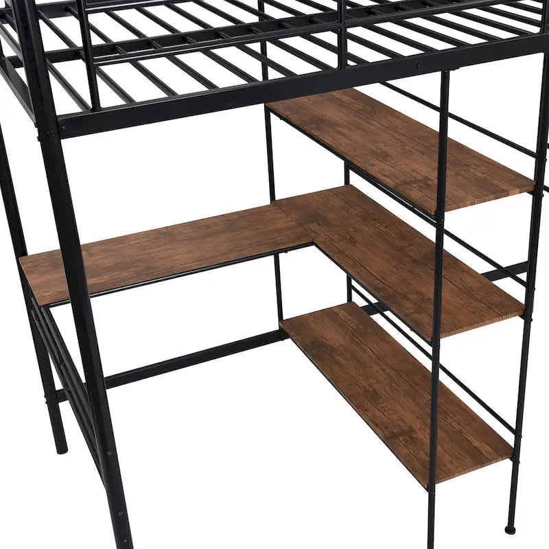 Twin Metal Loft Bed with Built-In Desk and Storage Shelves
