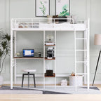 Twin Metal Loft Bed with Built-In Desk and Storage Shelves
