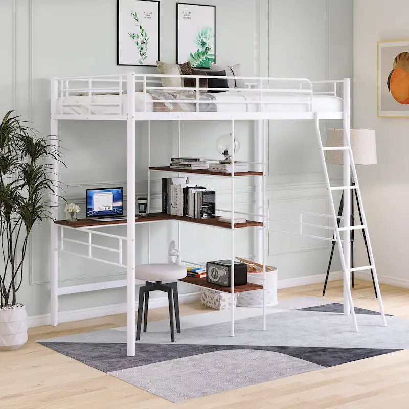 Twin Metal Loft Bed with Built-In Desk and Storage Shelves