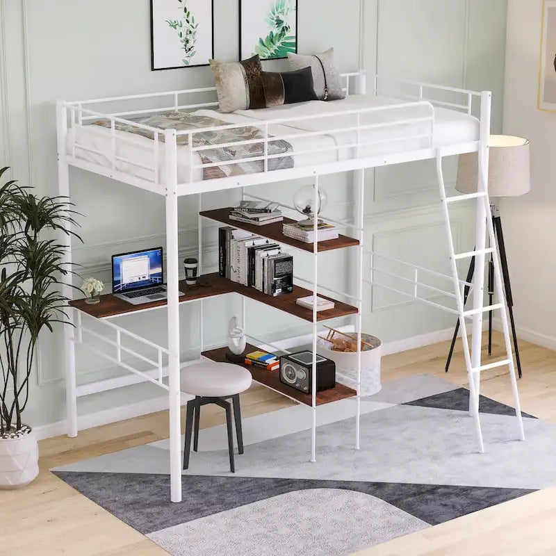 Twin Metal Loft Bed with Built-In Desk and Storage Shelves