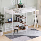 Twin Metal Loft Bed with Built-In Desk and Storage Shelves