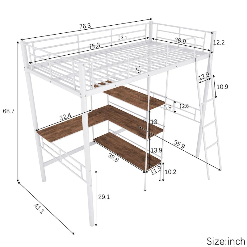 Twin Metal Loft Bed with Built-In Desk and Storage Shelves
