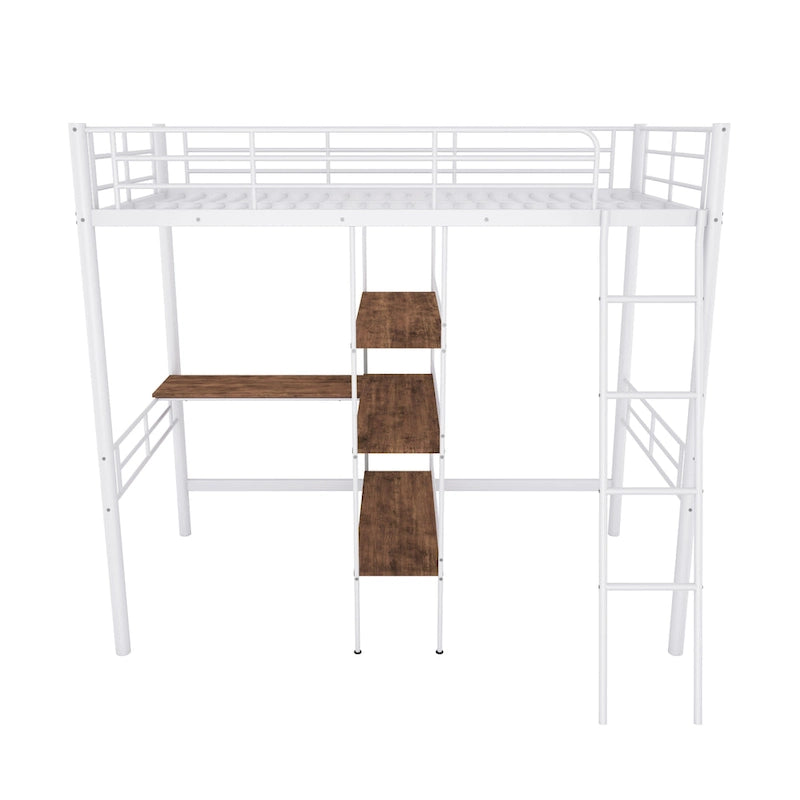 Twin Metal Loft Bed with Built-In Desk and Storage Shelves